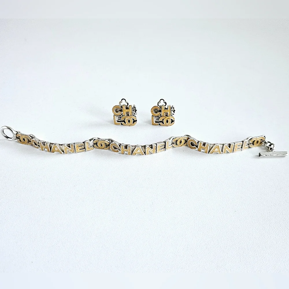 Chanel Goldtone & Sterling Silver Alphabet Lettered Bracelet & Earrings Set